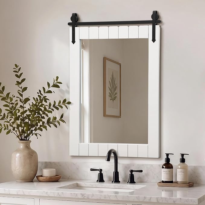 Besdomus Rustic Bathroom Farmhouse Mirror: 24"x36" White Western Barn Door Solid Cedar Wood Frame Vanity Mirror - Wall Mounted for Bathroom/Hallway/Living Room - Rustic Decor for Fashion-Conscious by Besdomus