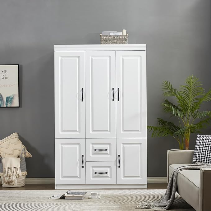 Wooden Armoire Wardrobe Closet with 3 Doors, Tall Wardrobe Closet with 2 Drawers, Armoires and Wardrobes with Hanging Rods and Shelves, Large Capacity Storage Cabinet for Bedroom White