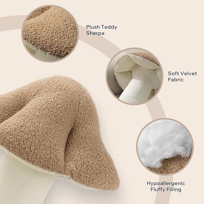 Phantoscope Mushroom Shaped Throw Pillow, Teddy Fleece Soft Mushroom Decorative Pillows Cute 3D Shaped Cushion for Couch Sofa Bed Chair, Beige,16 x 14 inches