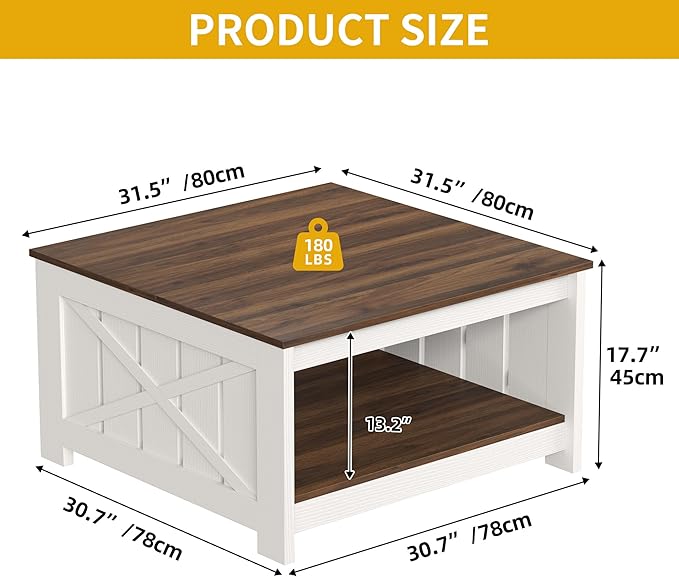 DWVO Farmhouse Coffee Table, Square Coffee Table with Storage, Rustic Wood Cocktail Table, for Living Meeting Room with Half Open Storage Compartment, Brown with White