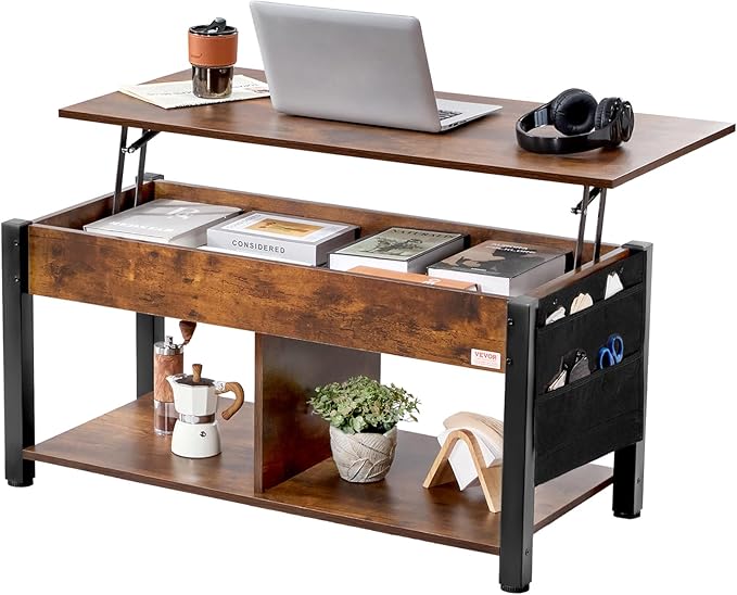 VEVOR Lift Top Coffee Table, 41.7 in Rectangle Coffee Table with Extra Storage Pockets, Pop Up Coffee Table for Living Room, Brown