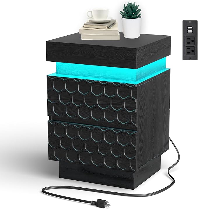 Led Nightstand with Charging Station, Hexagonal Fluted Night Stand with Sliding Top, Wooden Bedside Table with 3 Drawers, Modern Bed Side End Table for Bedroom, Living Room, Black by DAELIFKER
