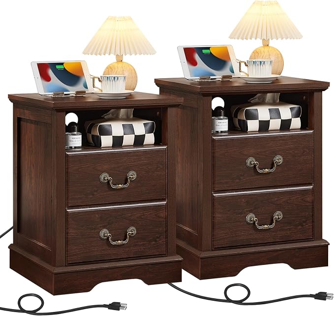 Farmhouse Nightstands Set of 2 with Charger Station, 2 Drawers Night Stand with Storage Shelf, Rustic Brown 18" Wide Wood Bedside Table, Bed Side End Tables for Bedroom, Living Room,Walnut by Madejustforyourcozyhome