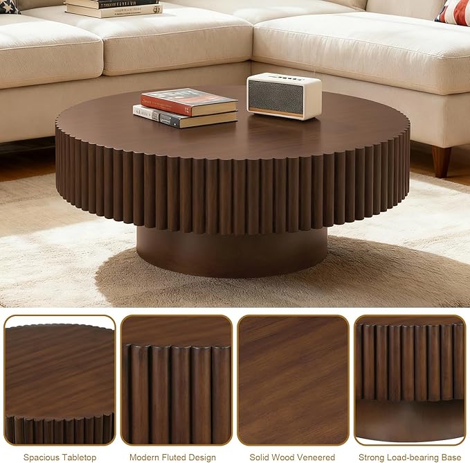 Rovibek Round Coffee Table, 31.5" Wooden Fluted Coffee Table with Fluted Base, Circle Accent Center Table for Living Room Apartment Office Small Space, Easy Assembly, Walnut
