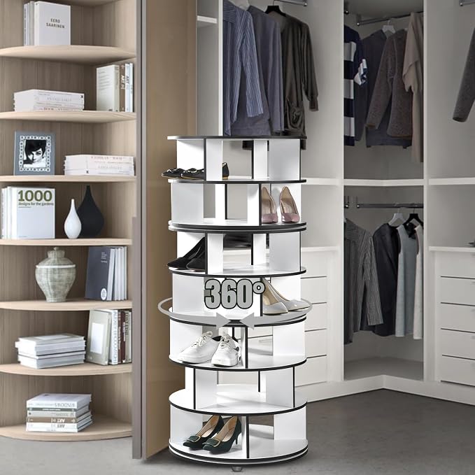 Kings Brand Furniture - 7-Tier Rotating Shoe Rack, 360° Revolving Lazy Susan Spinning Shoe Rack Tower Storage Organizer for Closet Entryway Bedroom Hallway, White - Image 3