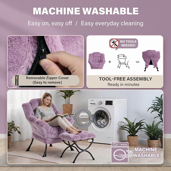 Plush Lazy Chair and Ottoman, Large Purple Plush Contemporary Accent Chair with Side Pocket, Modern Leisure Upholstered Reading Armchair with Footrest for Bedroom, Living Room, Balcony