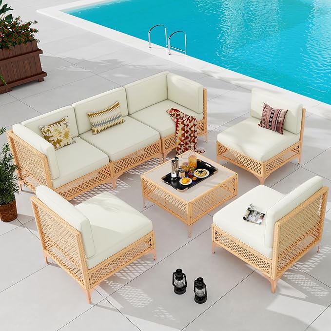 Vikiullf Outdoor Patio Furniture Set, PE Rattan Wicker Patio Conversation Sets, All Weather Sectional Sofa for Garden, Poolside, Backyard (7 Pieces Sectional)