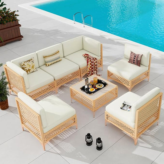 Vikiullf Outdoor Patio Furniture Set, PE Rattan Wicker Patio Conversation Sets, All Weather Sectional Sofa for Garden, Poolside, Backyard (7 Pieces Sectional)