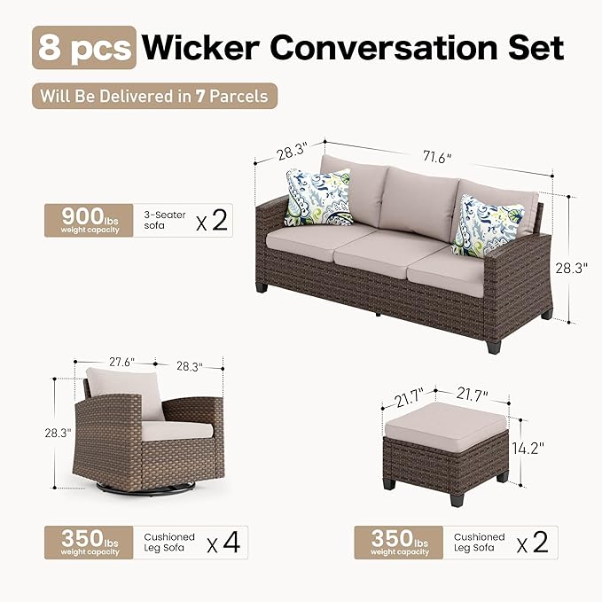 Swivel Glider Patio Furniture Set Outdoor Furniture Brown Wicker Rattan Patio Conversation Sets with Cushion Outside Sofa Set,8 Pieces,12 Seats,Beige