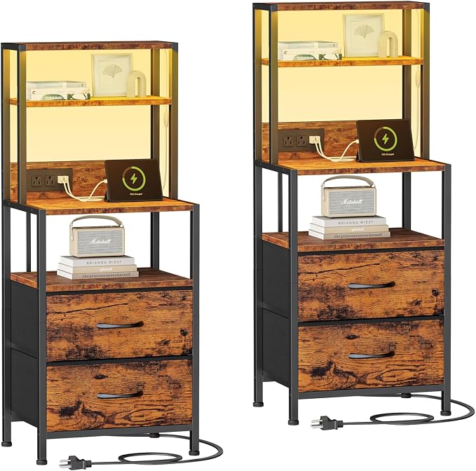 Furnulem Nightstands Set of 2, Tall Night Stand Set with Charger Station, 2 Fabric Drawers and Led Lights, Bedside End Table with 4-Tier Shelves, Bed Side Tables for Bedroom, Office, Rustic Brown by Furnulem