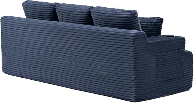 Eafurn Floor Loveseat Boneless Sofa Couch in a Box with Cup Holder and Side Pockets, 3 Seater Comfy Corduroy Upholstered Foam Couch with Deep Seating for Living Room,No Assembly | Breathable material, Cupholders