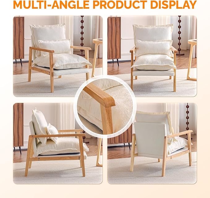 VINGLI Mid-Century Modern Cloud Accent Armchairs Set of 2 with Lumbar Pillow, 6.3'' Thick Seat Cushion Reading Chairs with Wooden Armrests, Boho Lounge Chair for Bedroom, Living Room, Chenille, Beige