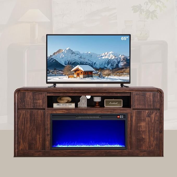Modern Fireplace TV Stand with 36" LED Electric Fireplace for 80 inch TVs, 32" Tall Entertainment Center w/Drawers &Adjustable Shelves, Wood Media Console w/Curved Profile Design for Living Room,Brown - Image 7