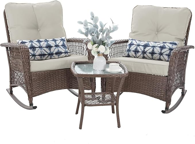 Patio Furniture Set 3 Pieces, Rocking Bistro Set with Thick Cushions, Brown Wicker Outdoor Rocker Chairs and Coffee Table for Porch, Backyard or Garden (Pale White) by VonzoyHome
