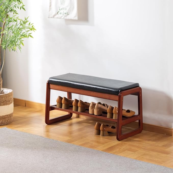 Solid Wood Shoe Bench, 2-Tier Wooden Entryway Bench, Modern Shoe Rack with Faux Leather Cushion for Hallway, Living Room (Black, 31.5'') by SOBIBO