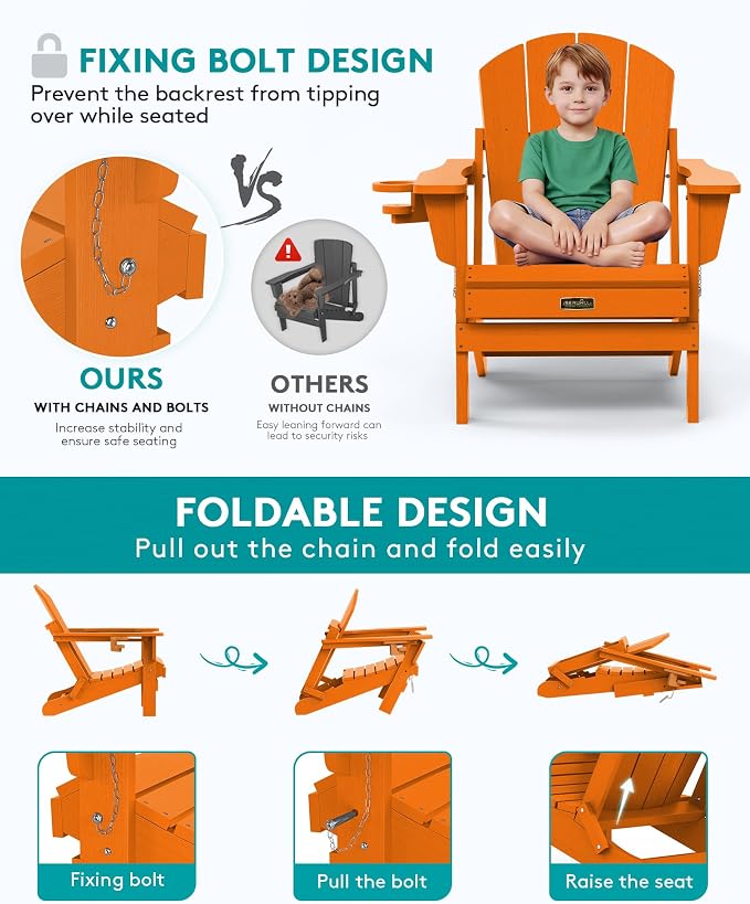 SERWALL Folding Adirondack Chair Set of 4, Weather Resistant HIPS Patio Chairs with Cup Holder for Patio Garden Outdoors Fire Pit Chairs- Orange - Image 4