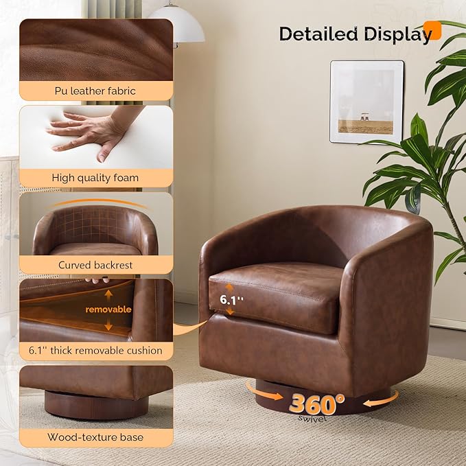 VINGLI 360°Swivel Accent Chair with Engineered Wood Base and Removable Cushion for Living Room, Bedroom, Curved Back Barrel Chair for Small Space, Upholstered Bucket Armchair, Pu-Brown