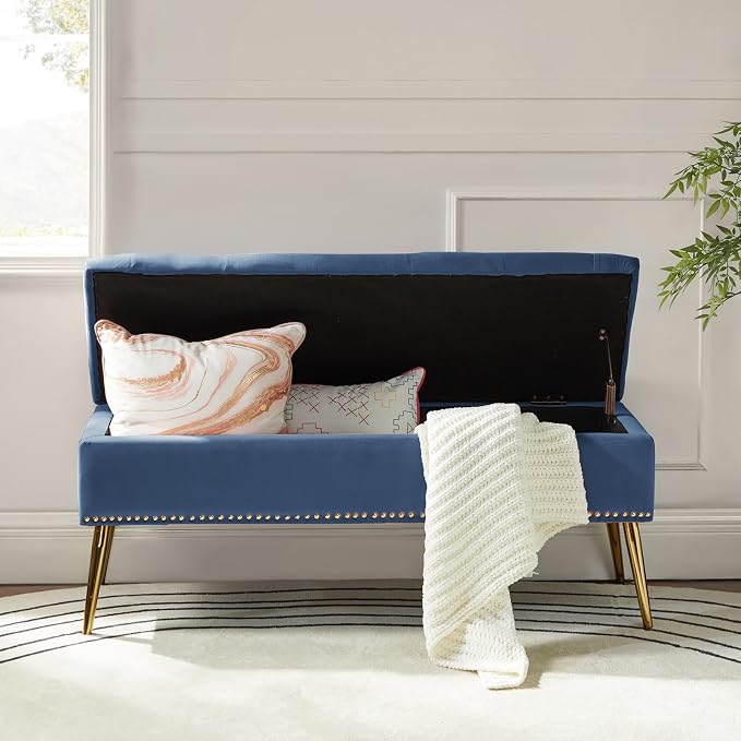 HULALA HOME Modern Velvet Storage Ottoman Bench with Gold Base & Nailhead Trim, Upholstered Bedroom Bench for End of Bed, Button-Tufted Footstool for Entryway Living Room Dining Room, Slate Blue - Image 7