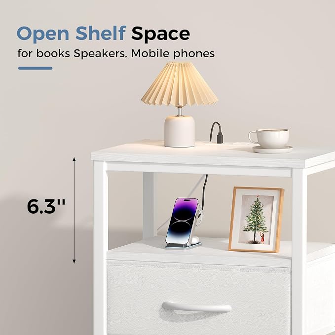 OLIXIS Nightstand with Charging Station, Bedside Tables with USB Ports and Fabric Drawer, Small Night Stand with Open Adjustable Shelf, Compact End Table for Bedroom, White - Image 9