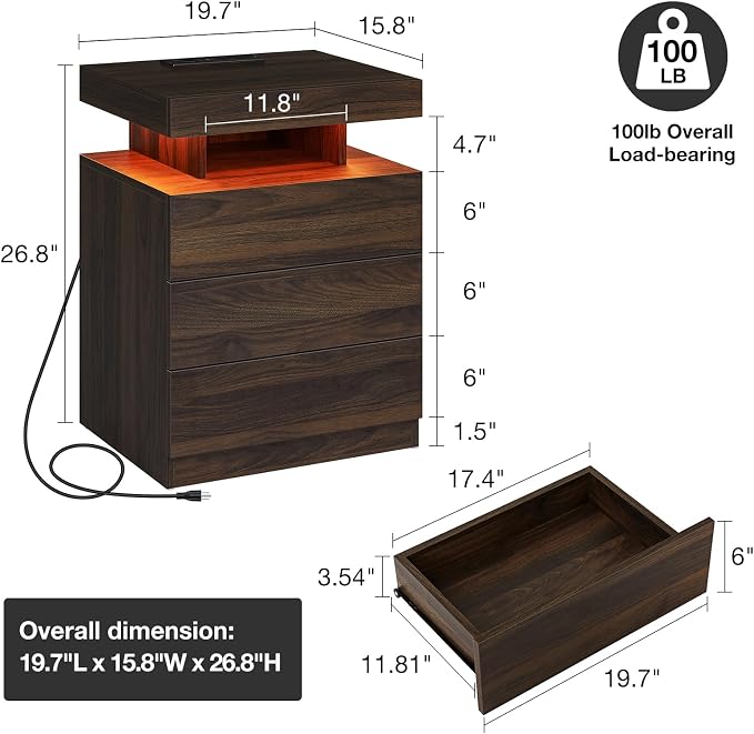 HOMMPA Nightstand with Charging Station and LED Light, Smart Nightstand with USB Port & Wireless Charging, Modern Night Stand with 3 Drawer, Rustic Beside Table for Bedroom, Walnut - Image 2