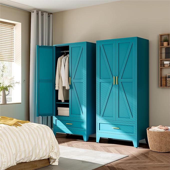 Metal Wardrobe Cabinet, 71" Tall Armoire Wardrobe Closet with Drawer,Hanging Rod and Adjustable Shelf, Farmhouse Clothing Storage Cabinet for Bedroom, Laundry