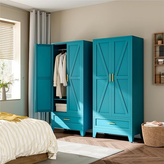 Metal Wardrobe Cabinet, 71" Tall Armoire Wardrobe Closet with Drawer,Hanging Rod and Adjustable Shelf, Farmhouse Clothing Storage Cabinet for Bedroom, Laundry