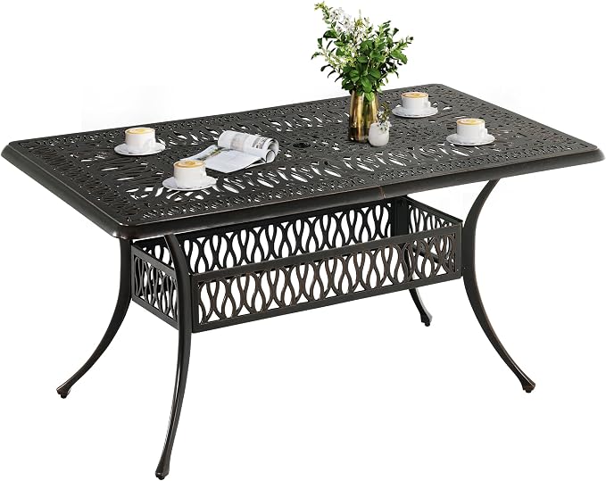 DWVO Cast Aluminum Outdoor Dining Table, 59'' Patio Table w/Max Bearing 220 LBS, Patio Dining Table with 2" Umbrella Hole and Adjustable Foot Pads for Garden, Backyard, Deck and Patio, Bronze by DWVO