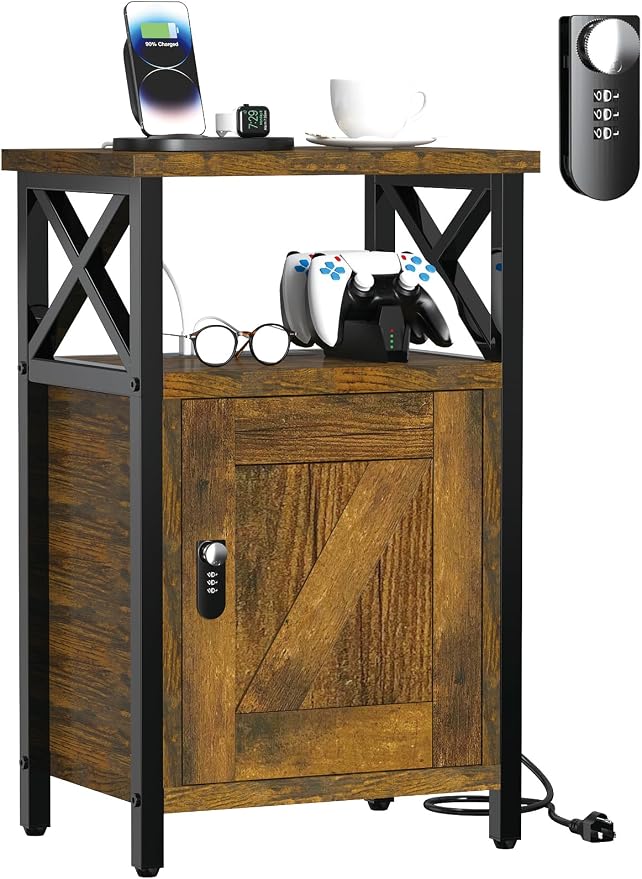 runjuly Wooden Nightstand with Lock, Bedside Table with Drawer, Bed Side Table with Charging Station, 3 USB & 2 Outlets, Night Stand with Storage Cabinet, End Table for Bedroom, Brown by Home
