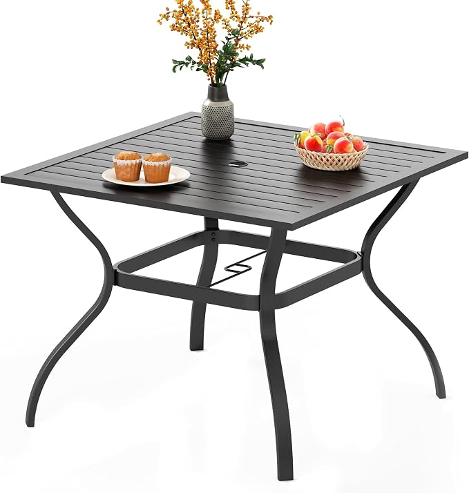 PHI VILLA 37 Inch Outdoor Dining Table Metal Steel Slat Square Patio Dining Table with 1.57" Umbrella Hole for Garden, Backyard and Porch (Classic Black) by PHIVILLA
