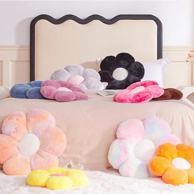 Kcvvcr Flower Pillow Cute Decorative Throw Pillow with Faux Rabbit Fur Soft Daisy Plush Floor Cushion Aesthetic Flower Shaped Pillow Home Decor for Bed Sofa Couch (Yellow 19.6 Inch)