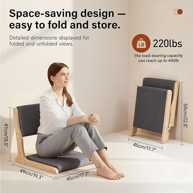 Tiita Foldable Tatami Chair, Japanese Floor Chair, Wood Legless Back Rest Chairs with Cushion, Accent Meditation Floor Chairs Bay Window, Wood Dark Grey