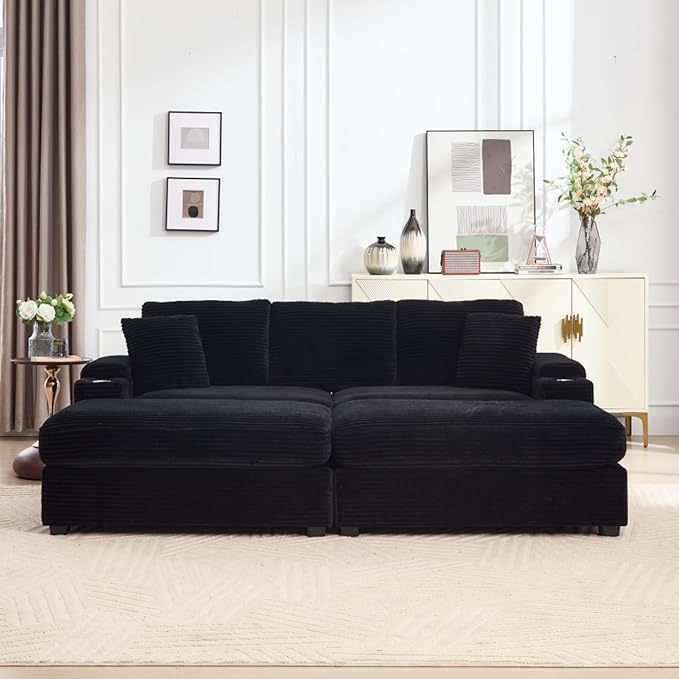 KEIKI 4 Seat Combination Sofa Bed Set, Chaise Lounge Sofa with Armrest Storage, Cupholders, USB, Deep Seat Sleeper Couch Reading Chairs for Living Room, Black