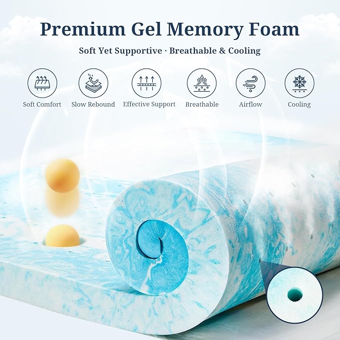 IULULU Twin XL Size Mattress Topper, 3 Inch Gel Memory Foam Topper, Pressure Relief & Cooling, CertiPUR-US Certified