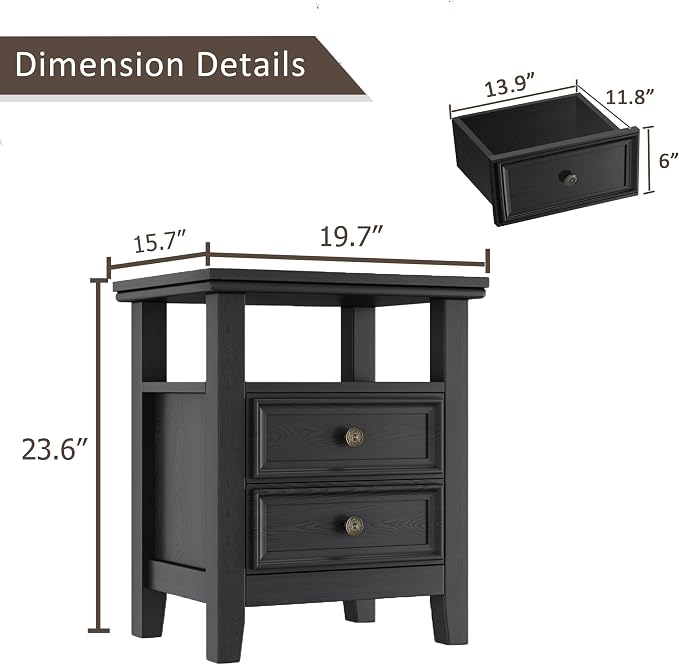 BOSHIRO Black Nightstand with Charge Station,Sofa End Sid Table with 2 Drawers & Storage Shelf,Bed Side Table with USB Ports & Outlets for Bedroom，Home Office - Image 2