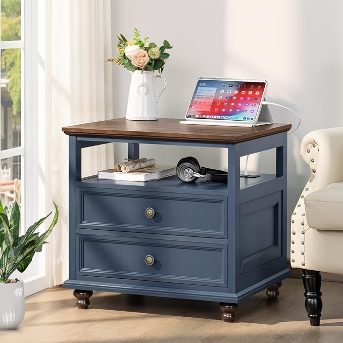Joaxswe 24" Wide Farmhouse Nightstand with Charging Station Set of 2, 45" Tall Rustic Chests of 5 Drawers w/ 4 Solid Wood Feet, Farmhouse Furniture Series for Living Room,Bedroom,DarkBlue