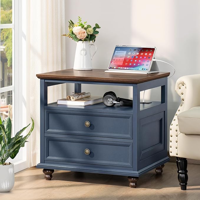 Joaxswe Farmhouse Nightstand Set of 2 with Charging Station, 24" Wide End Table with 2 Drawers,Wood Dresser for Bedroom,Bed Side Table Chest of Drawers Cabinet,Navy BlueNight Stand for Living Room - Image 2
