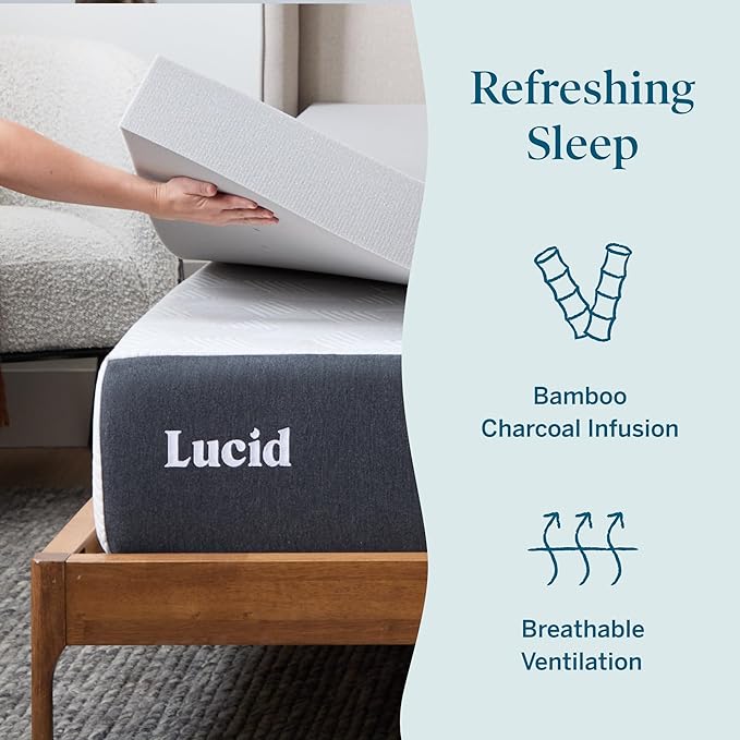 Lucid 4 Inch Bamboo Charcoal Infused Memory Foam Mattress Topper - California King Size – Moisture and Odor Control - Ventilated - Ultra Plush Feel, Pressure-Relief Bed Topper – CertiPur Certified