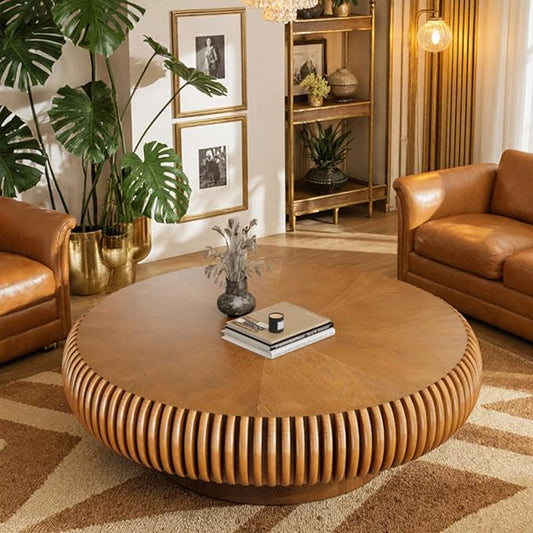 Round Drum Coffee Table Modern Unique Circle Drum Coffee Tables Mid Century Coffee Table with Sturdy Pedestal Fluted Tea Table for Living Room Office Small Space(Brown 31.5in)