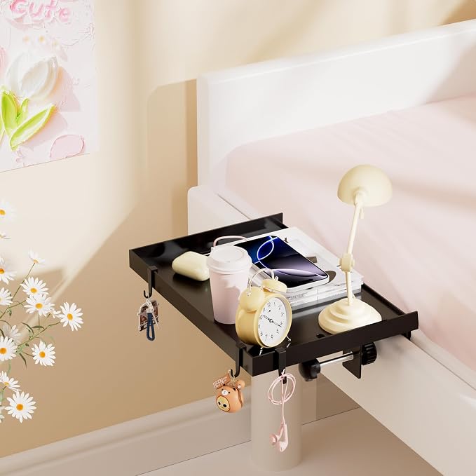 Foldable Bedside Shelf, Metal Clip-On Bed Tray Table for Bunk Bed & Dorm Beds, Dorm Room Essentials Organizer for College Students, Floating Tray, Space Saving Nightstand for Loft Beds (Black, Small) - Image 8