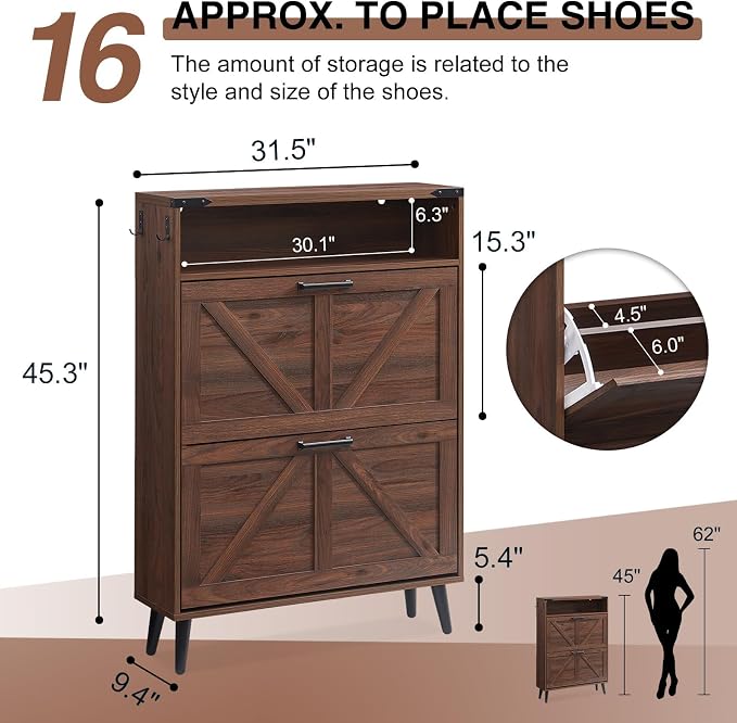 Barnyatoh Shoe Storage Cabinet,Farmhouse Shoe Organizer with 2 Flip Drawers & Barn Door Design,Freestanding Hidden Slim Narrow Shoe Rack Cabinet with Open Storage for Entryway, Foyer,Hallway, Walnut - Image 2