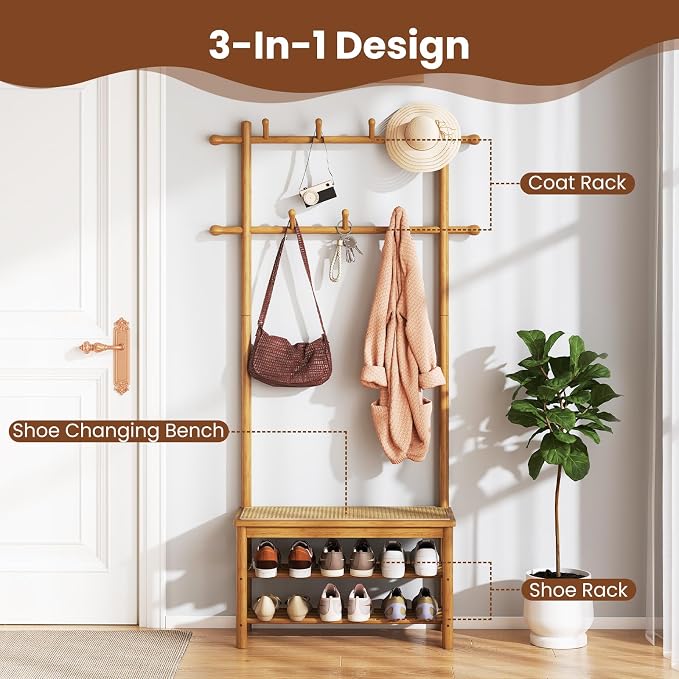 Giantex 3-in-1 Hall Tree with Bench and Shoe Storage, Bamboo Coat Rack Freestanding w/PE Rattan Bench, 11 Hanging Rods, 3 Tier Shoe Rack, Narrow Mudroom Storage Organizer for Entryway Bedroom,Natural - Image 3