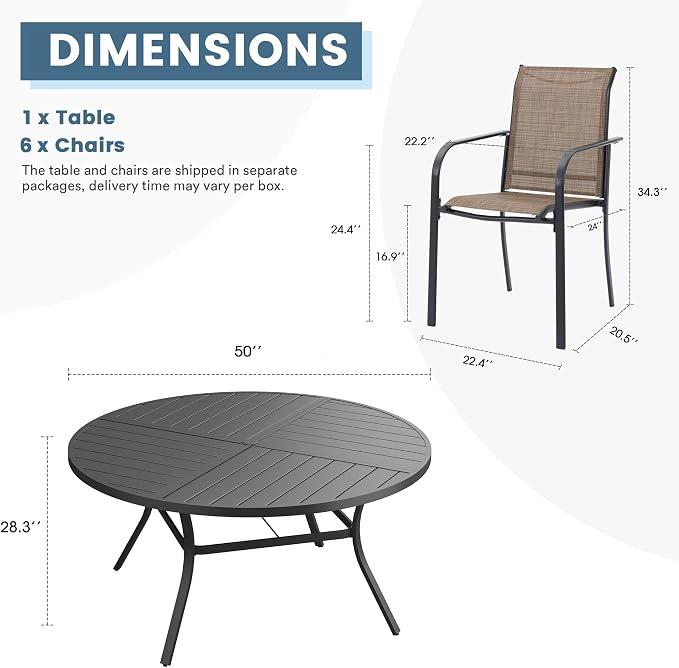 DIFY 7 Pieces Outdoor Patio Dining Set for 6, 50" Black Round Metal Dining Table and 6 Brown Stackable Sling Dining Chairs, Outdoor Table and Chairs for Lawn Garden Backyard Deck - Image 8