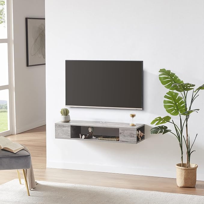 GHC Floating TV Stand, Wall Mounted Entertainment Center and Cabinet Shelf, TV Console with Storage, Media Console for DVD Player, Space-Saving Under TV Shelf for Bedroom, Living Room (Grey) - Image 3