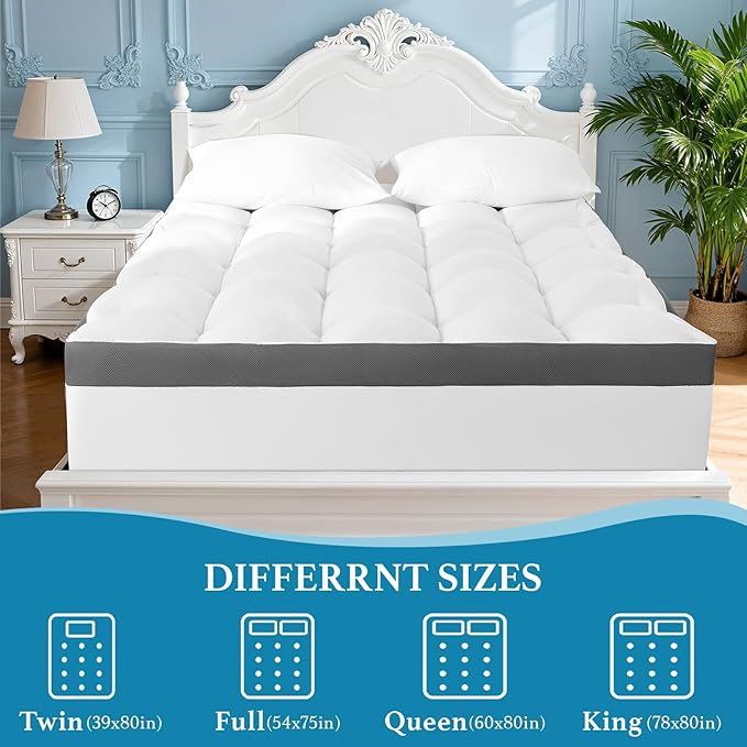 4 Inch Memory Foam Mattress Topper, Cooling Extra Thick 2000 GSM Pillow Top Mattress Pad for Back Pain Relief,Soft Breathable Mattress Cover for Fluffy Shredded Memory Foam Filled (Twin XL, 39"x80")