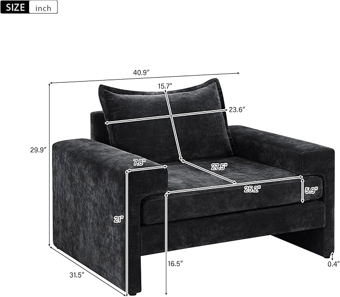 Christopher Knight Home Aylen Modern Chenille Upholstered Accent Chair with Wide Armrests, Wooden Living Room Club Chair, Bedroom Comfy Reading Chair with Back Pillow, Black