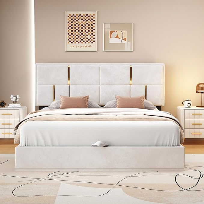 Queen Size Lift Up Storage Bed, PU Leather Upholstered Platform Bed with Hydraulic Storage System and Wooden Slats Support, No Box Spring Needed - Beige