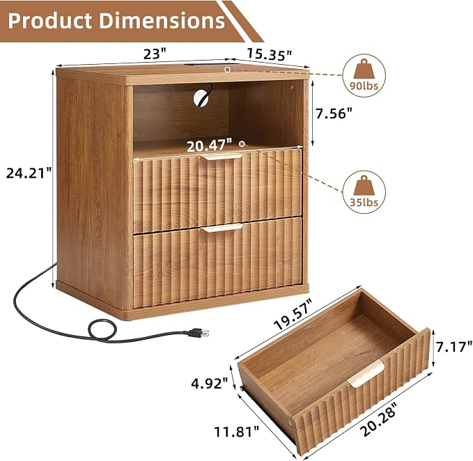 LEYAOYAO Fluted Nightstand with Charging Station, 23" Wide 2 Drawers End Table, Brown Night Stand with Open Storage Cabinet, Farmhouse Bed Side Tables, Wood Dresser for Bedroom, Living Room, Closet - Image 2