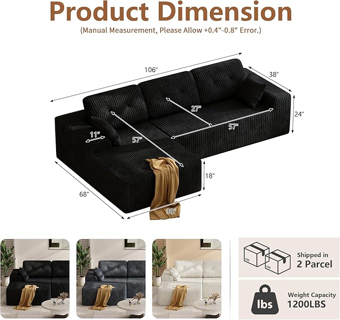 Ball & Cast 106" Modular Sectional Sofa, Cloud Corduroy Couch with Deep Seat, Boneless L-Shaped Sectional, Upholstered Modular Sofa for Living Room, No Assembly Required (Black, Left Facing Chaise)