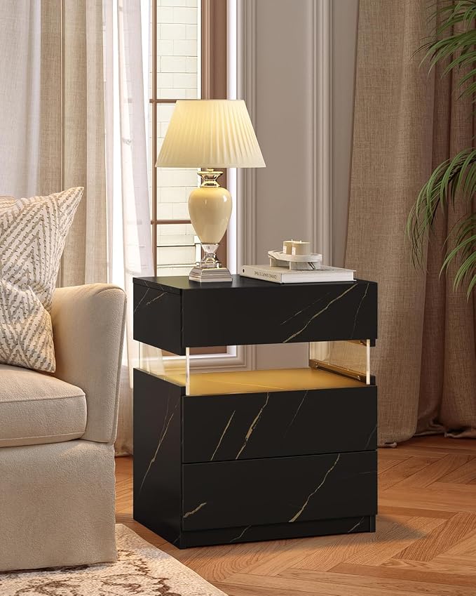 Bingoday LED Nightstands Set of 2 with 3 Drawers LED Bedside Tables Modern Night Stand with Acrylic Board Night Stand Set 2 for Bedroom - Image 8