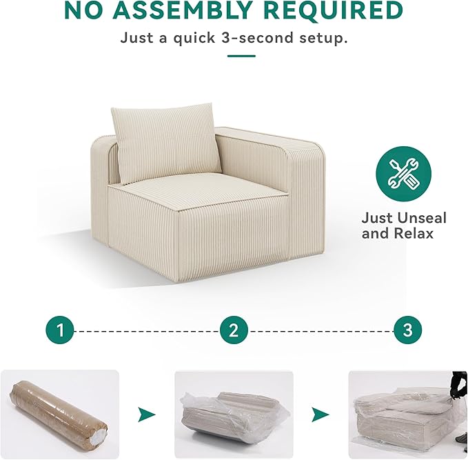 DWVO Oversized Deep Modular Sectional Sofa, 3-Seat Cloud Couch with 3 Pillows, Corduroy Sectional Couches for Living Room, Apartment, Office, Hotel, Bedroom, No Assembly Needed, Milky White